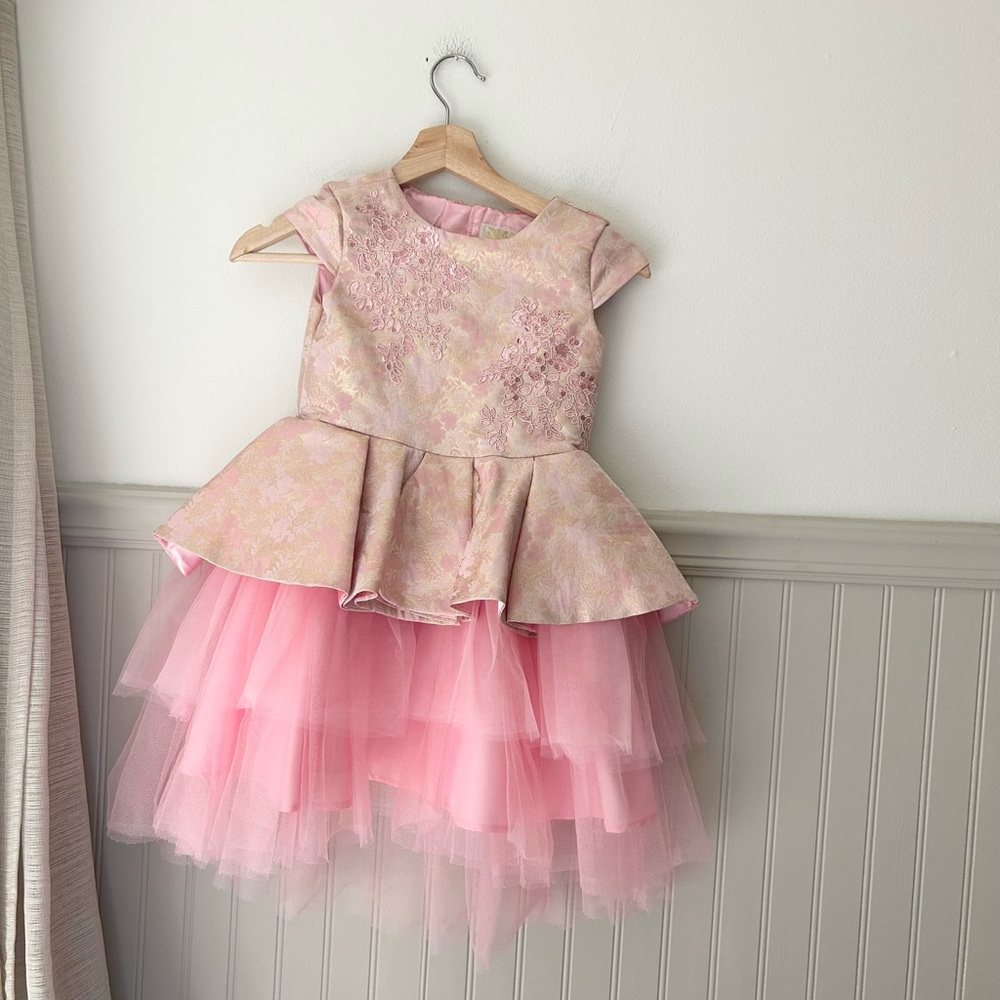 Disney Store Size 5/6 Girls Pink Floral Peplum Tulle Princess Aurora Party Dress